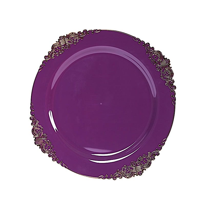 10 Round Disposable Plastic Salad Dinner Plates with Embossed Baroque Trim