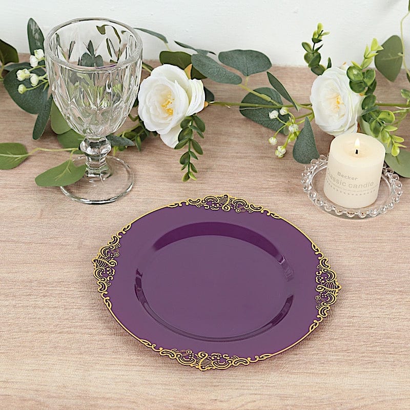 10 Round Disposable Plastic Salad Dinner Plates with Embossed Baroque Trim
