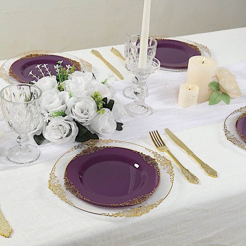 10 Round Disposable Plastic Salad Dinner Plates with Embossed Baroque Trim
