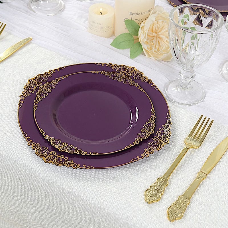 10 Round Disposable Plastic Salad Dinner Plates with Embossed Baroque Trim