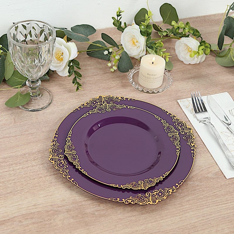 10 Round Disposable Plastic Salad Dinner Plates with Embossed Baroque Trim