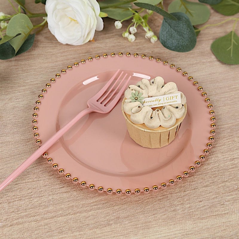10 Round Disposable Plastic Salad and Dinner Plates with Beaded Trim
