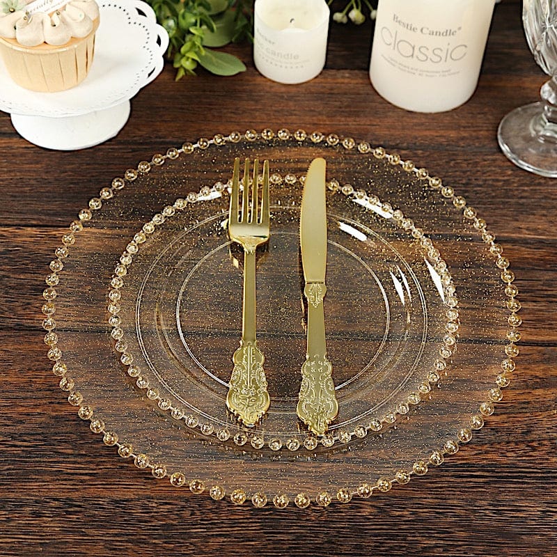 10 Round Disposable Plastic Salad and Dinner Plates with Beaded Trim