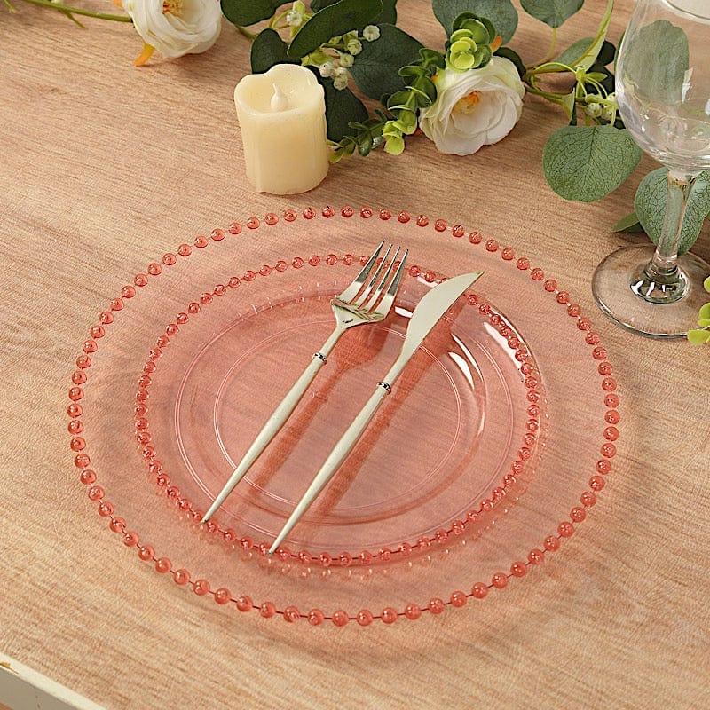 10 Round Disposable Plastic Salad and Dinner Plates with Beaded Trim