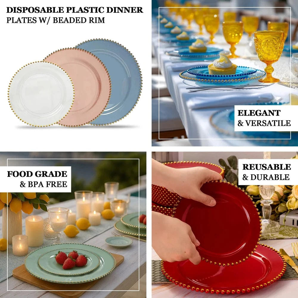 10 Round Disposable Plastic Salad and Dinner Plates with Beaded Trim