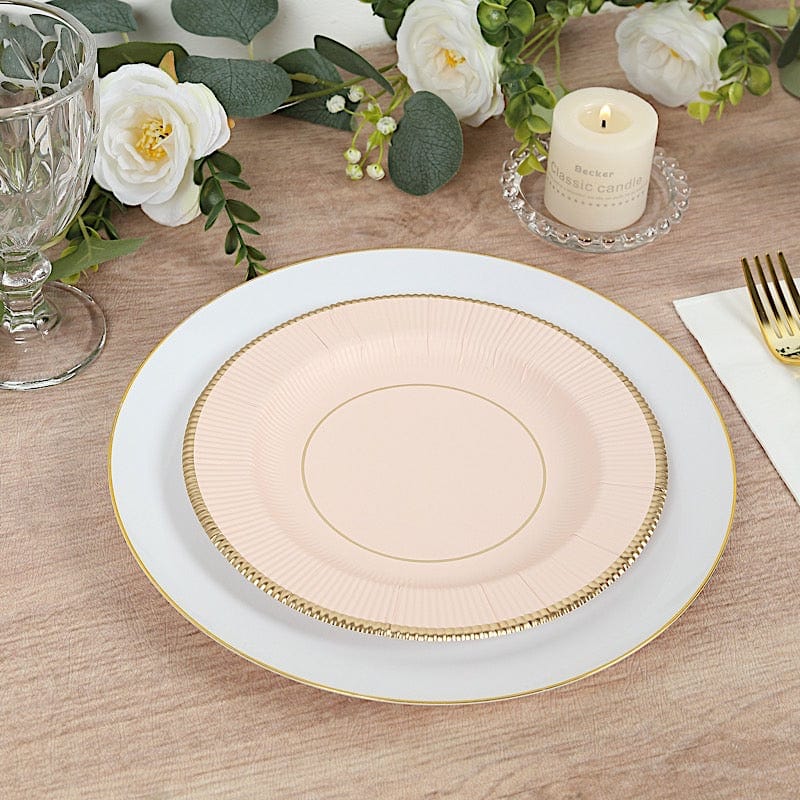 25 Round Metallic Disposable Dinner Salad Paper Plates with Textured Trim