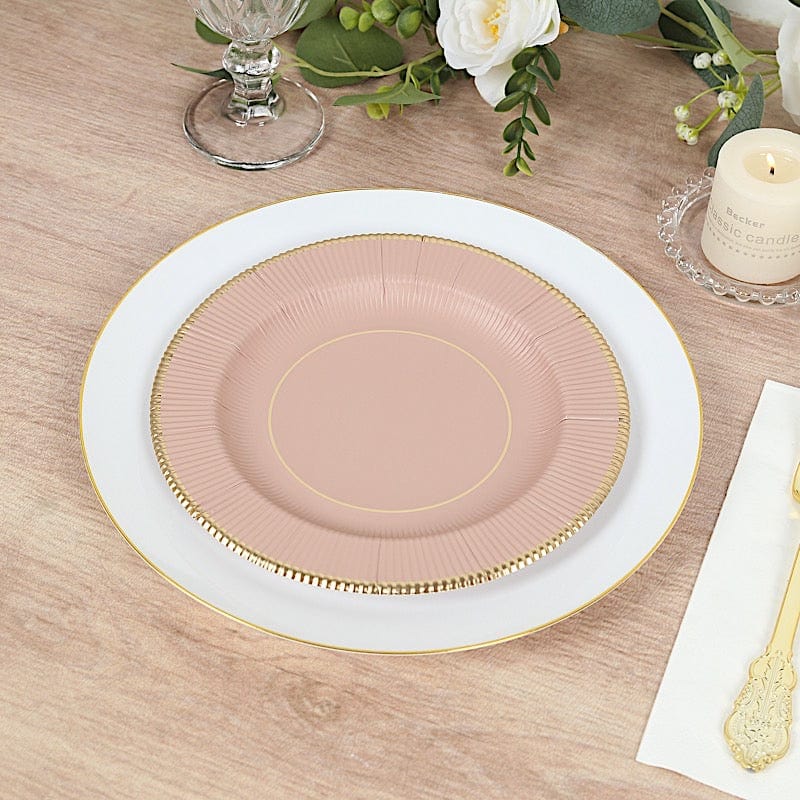 25 Round Metallic Disposable Dinner Salad Paper Plates with Textured Trim