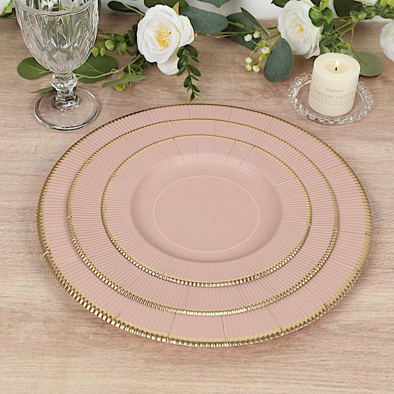 25 Round Metallic Disposable Dinner Salad Paper Plates with Textured Trim