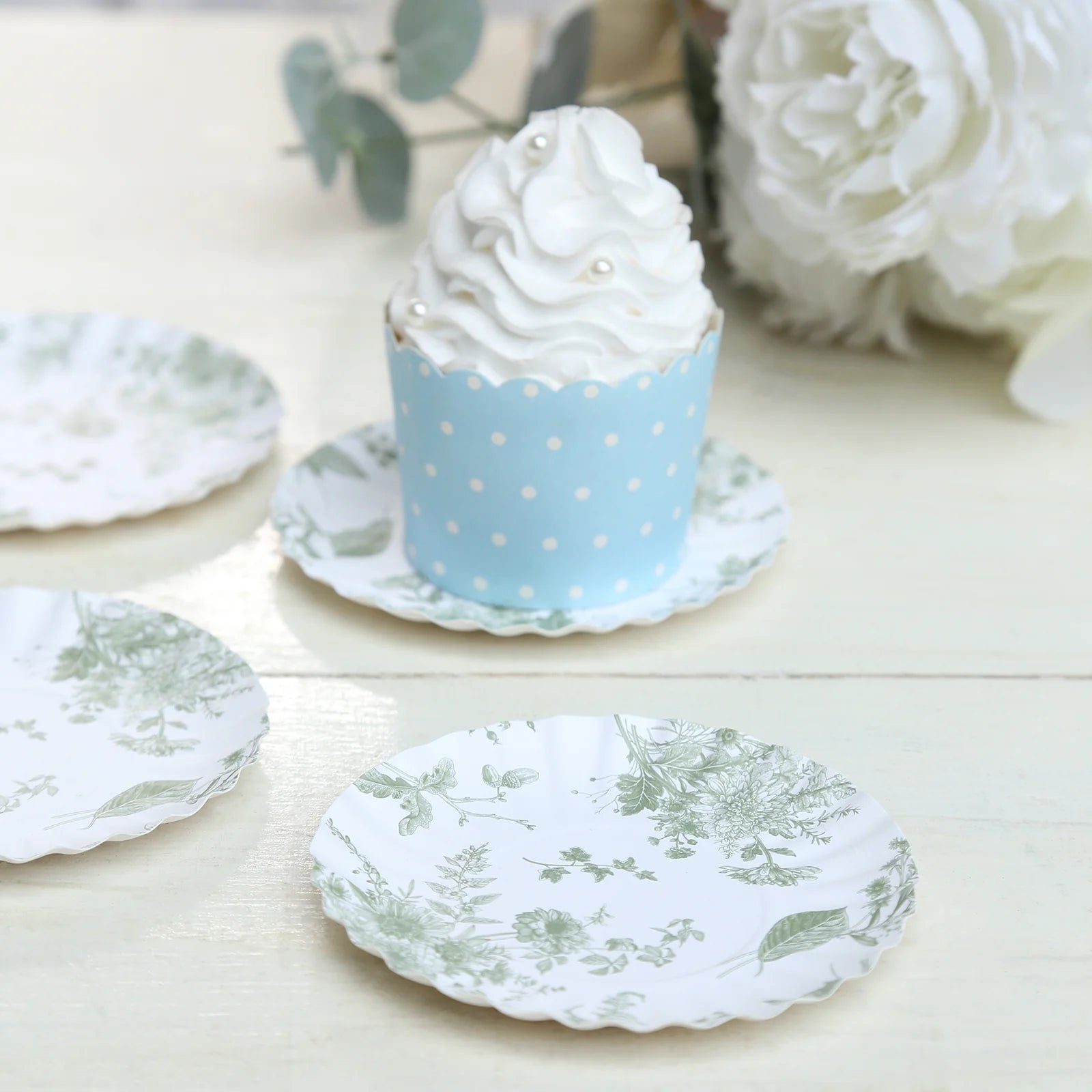 100 White Sage Green French Toile Mini Paper Plates with Scalloped Rim