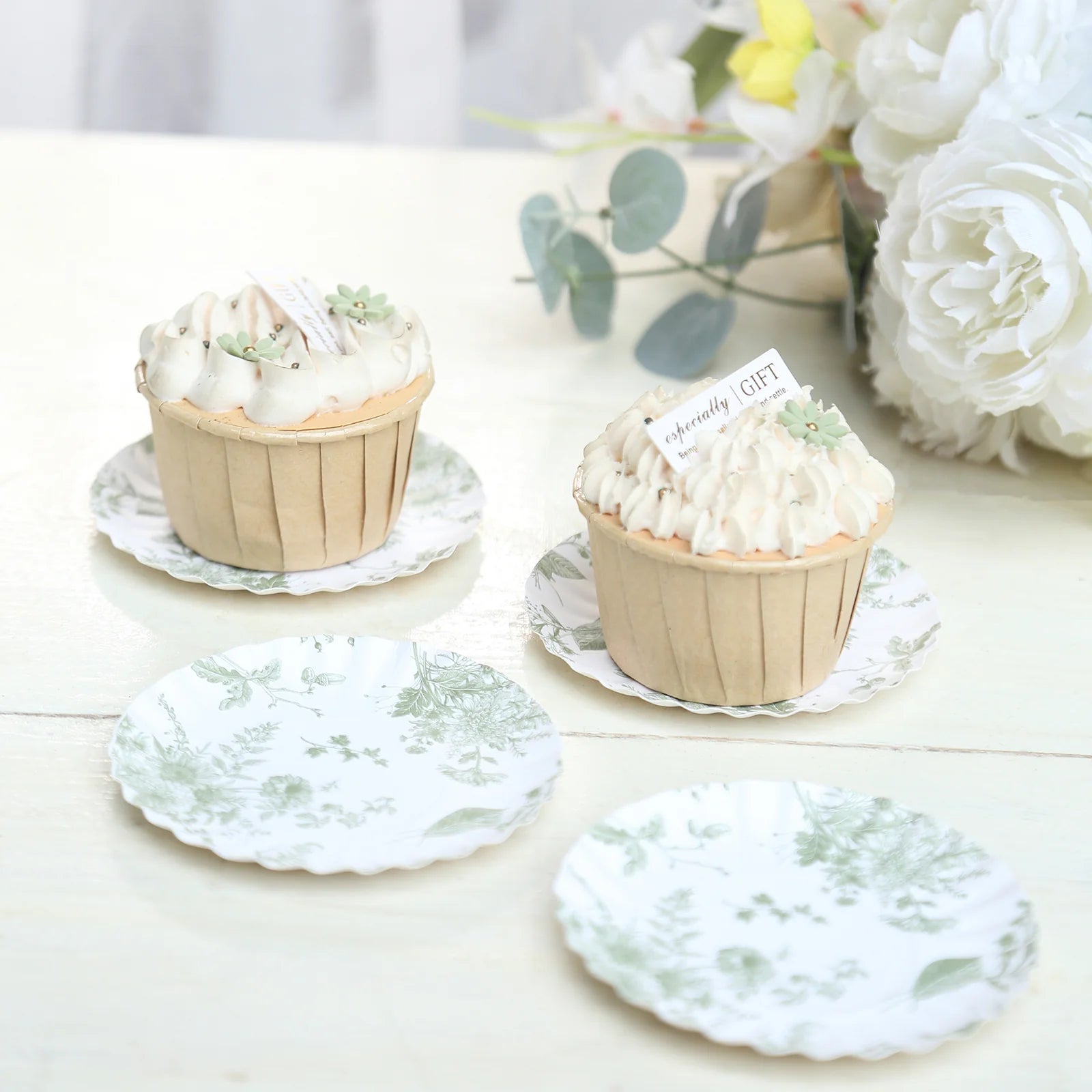 100 White Sage Green French Toile Mini Paper Plates with Scalloped Rim