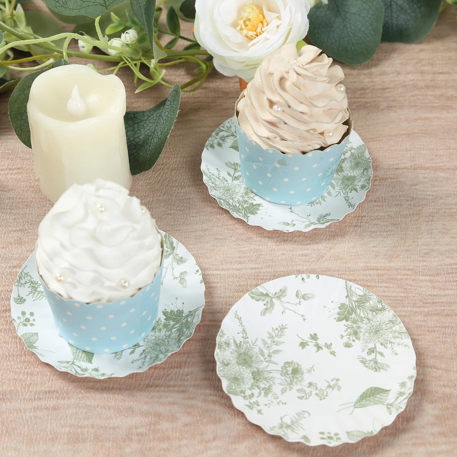 100 White Sage Green French Toile Mini Paper Plates with Scalloped Rim