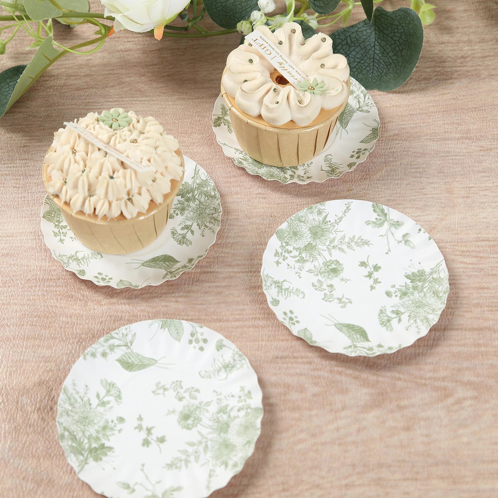 100 White Sage Green French Toile Mini Paper Plates with Scalloped Rim