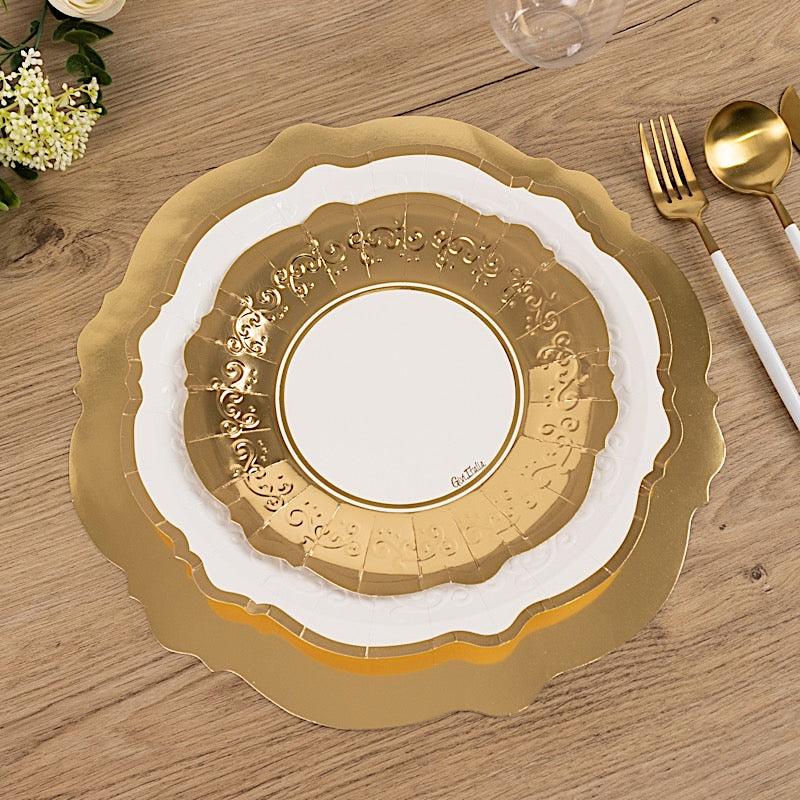 75 White Gold Round Disposable Paper Plates with Embossed Scalloped Rim