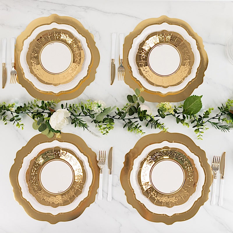 75 White Gold Round Disposable Paper Plates with Embossed Scalloped Rim