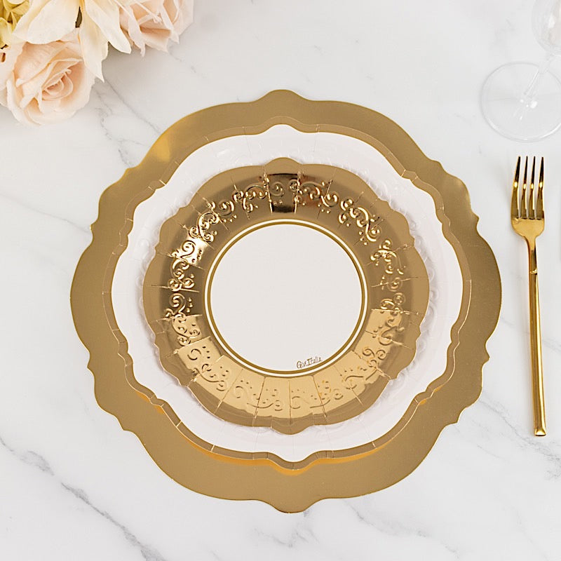 75 White Gold Round Disposable Paper Plates with Embossed Scalloped Rim