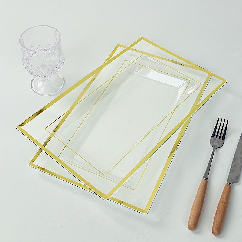 10 Clear 13 in Rectangular Plastic Serving Trays with Gold Rim