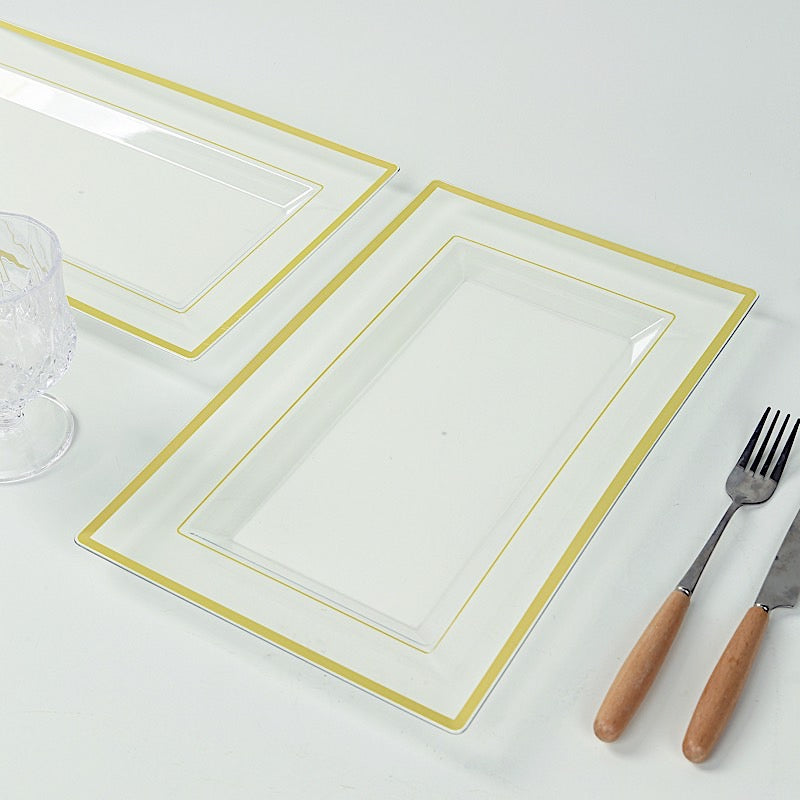 10 Clear 13 in Rectangular Plastic Serving Trays with Gold Rim