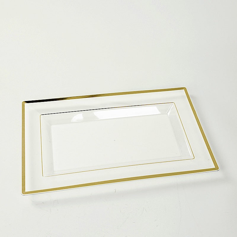 10 Clear 13 in Rectangular Plastic Serving Trays with Gold Rim