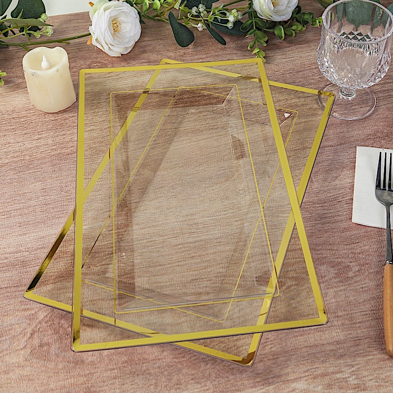 10 Clear 13 in Rectangular Plastic Serving Trays with Gold Rim