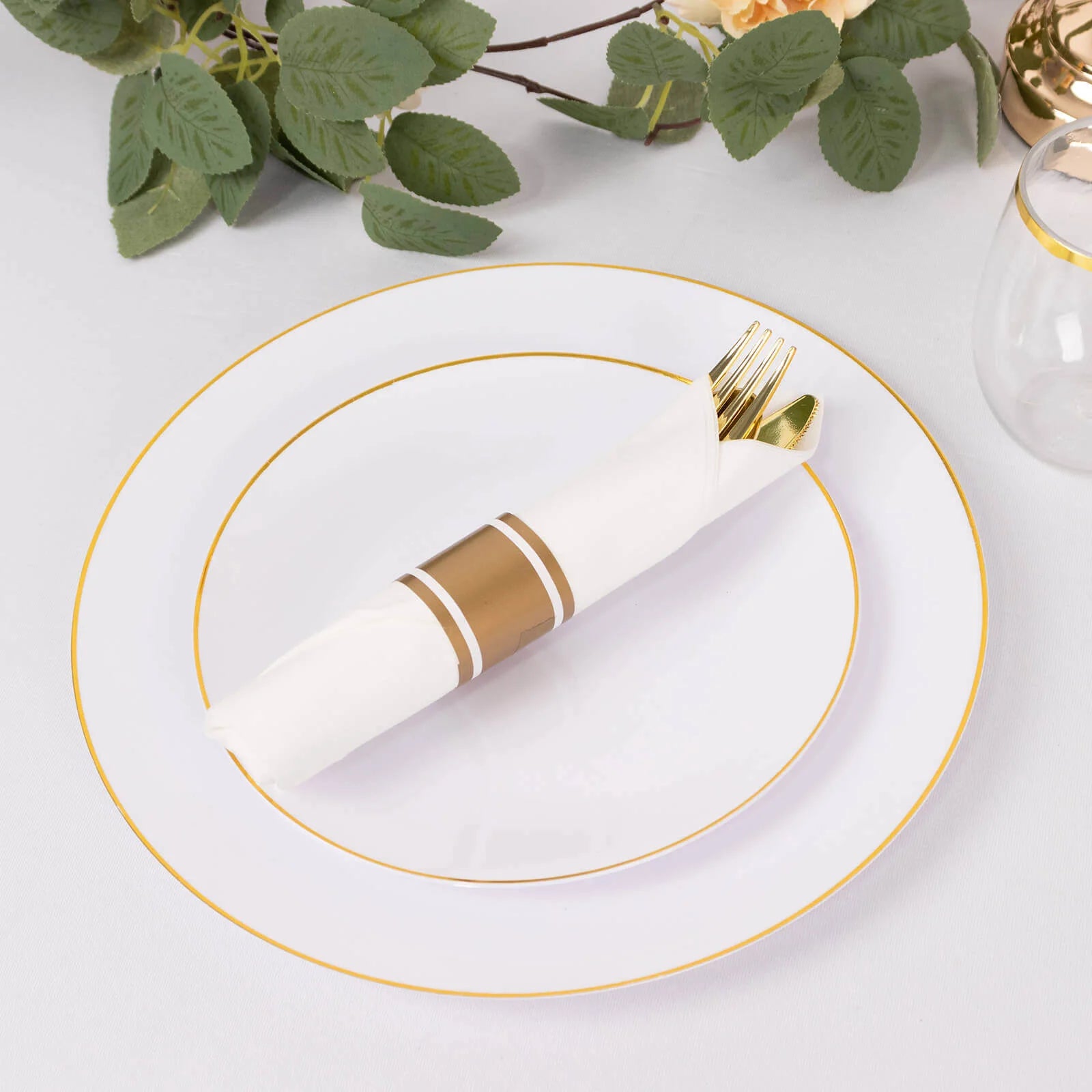 24 Rose Gold Plastic Silverware with Pre Rolled White Paper Napkins