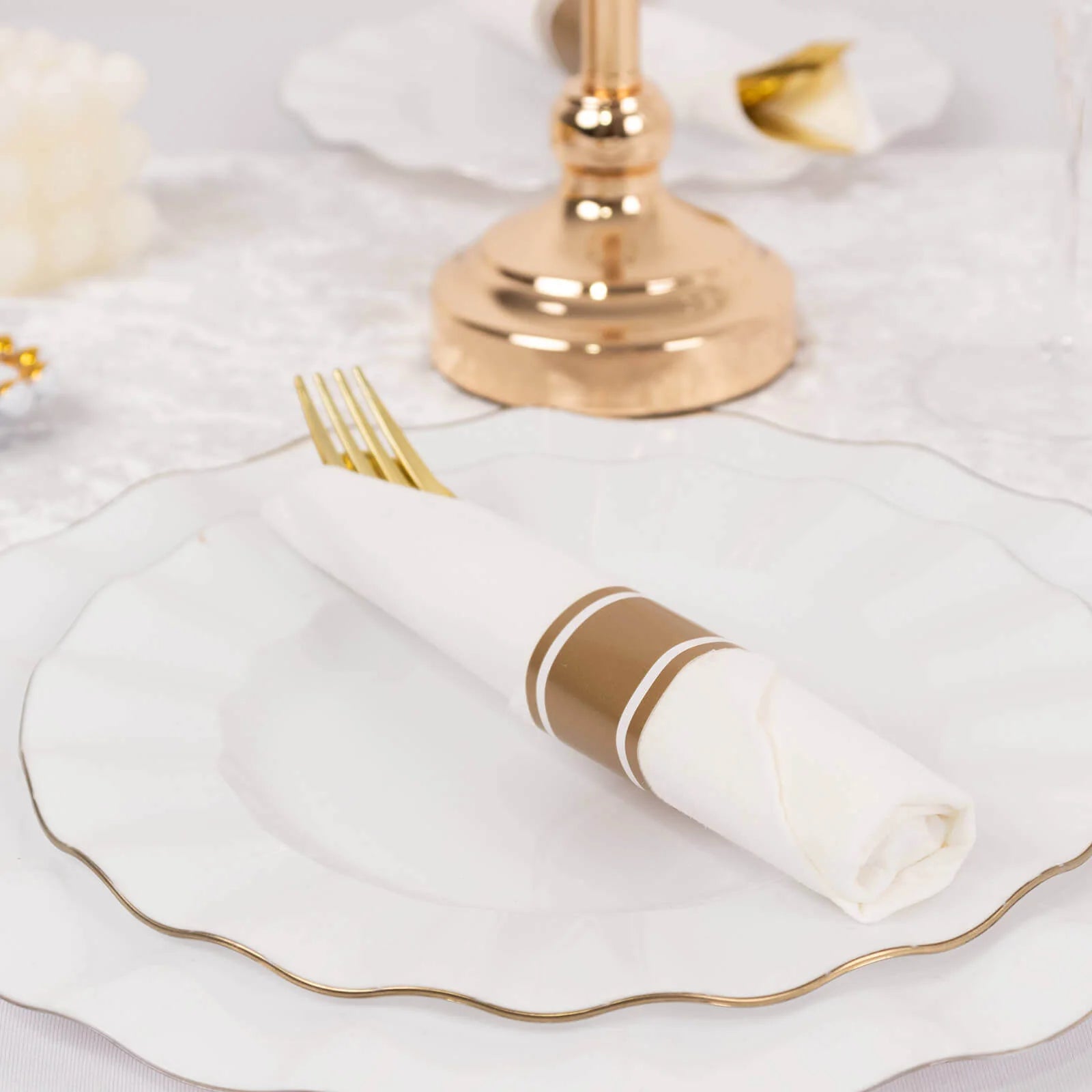 24 Rose Gold Plastic Silverware with Pre Rolled White Paper Napkins