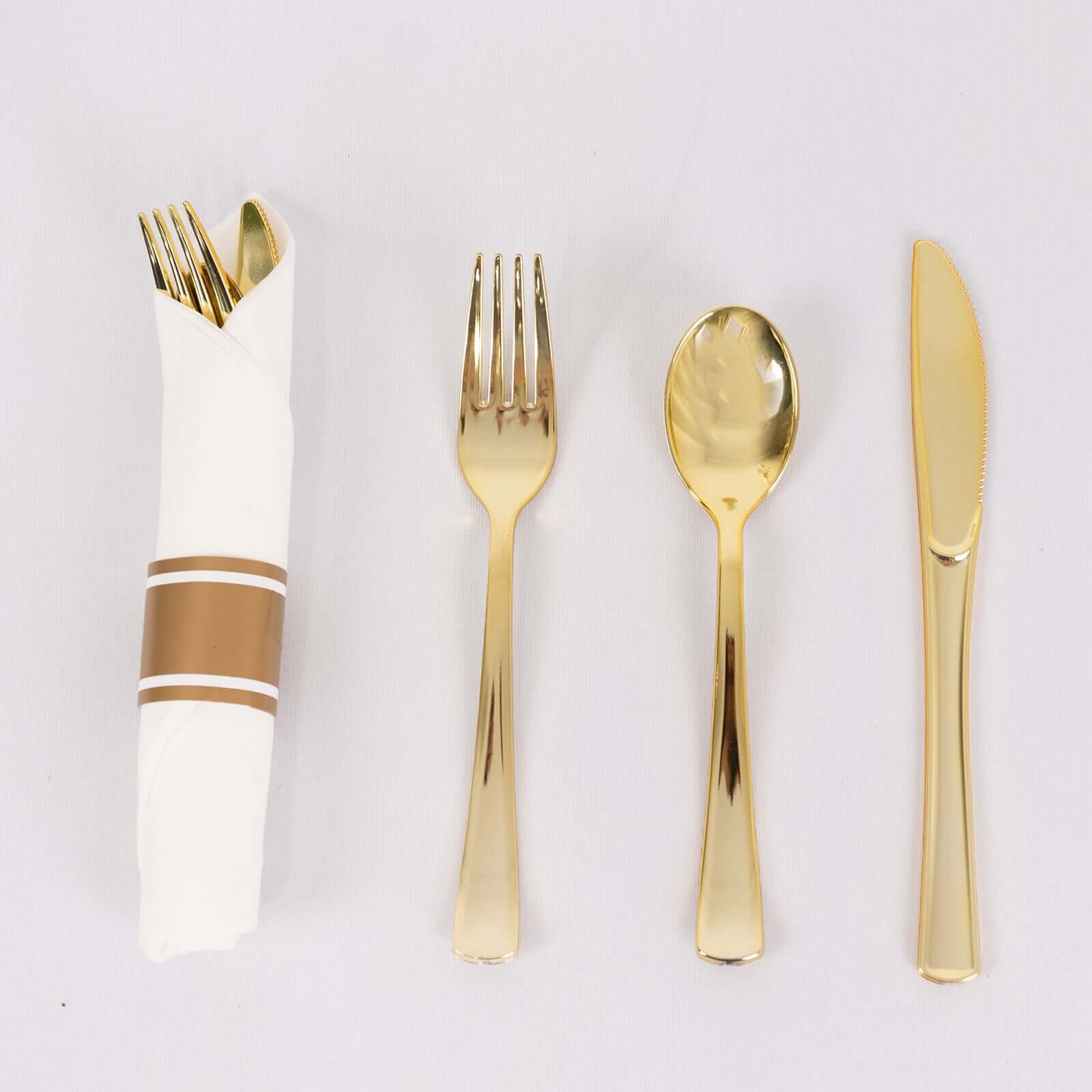 24 Rose Gold Plastic Silverware with Pre Rolled White Paper Napkins