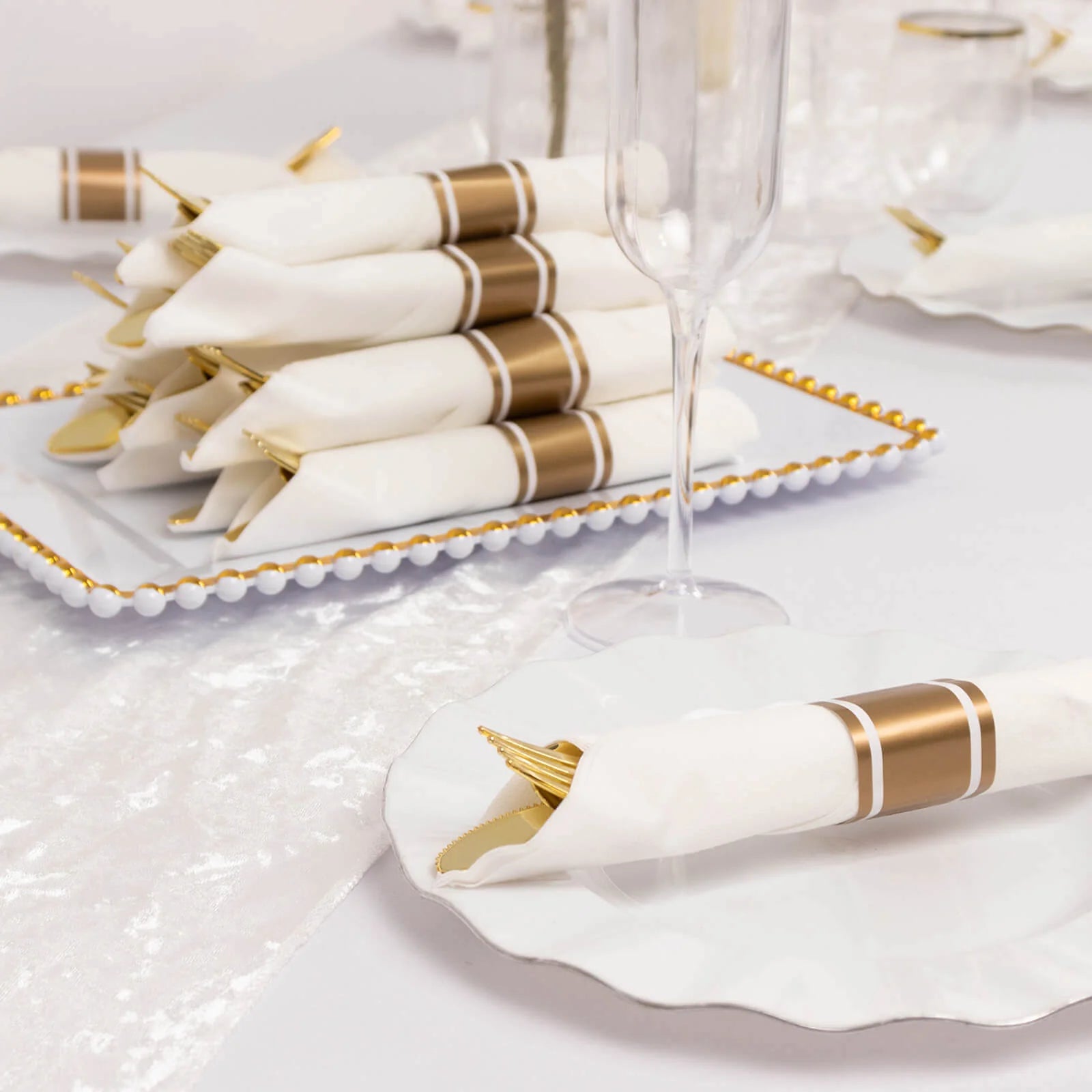 24 Rose Gold Plastic Silverware with Pre Rolled White Paper Napkins