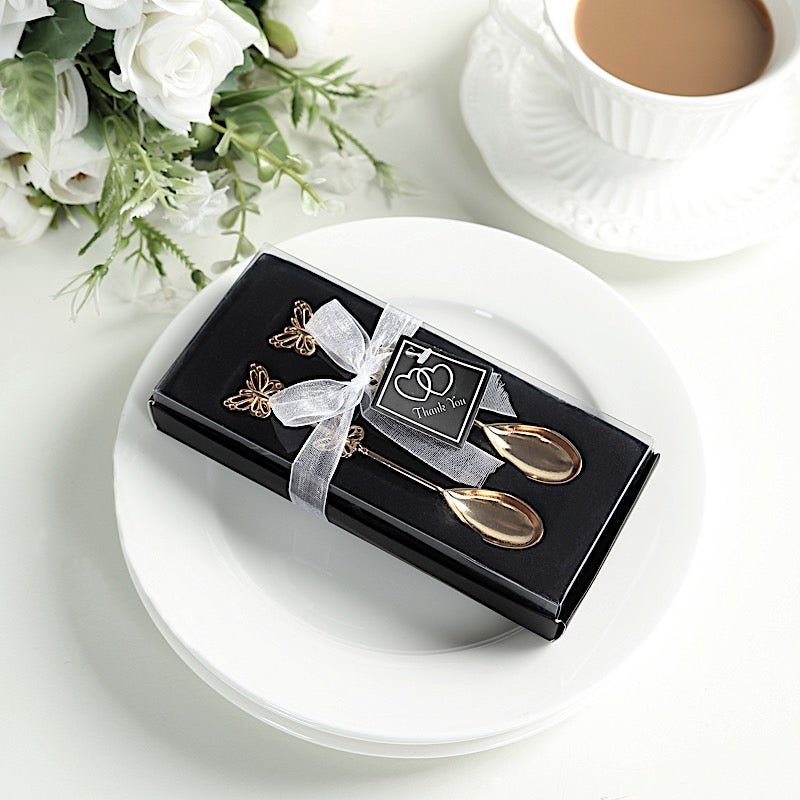 2 Gold Metal Butterfly Handle Coffee Spoons in Clear Top Black Gift Box