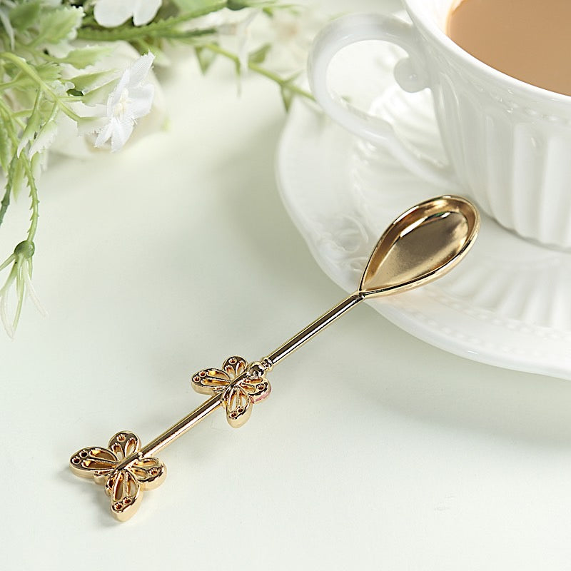 2 Gold Metal Butterfly Handle Coffee Spoons in Clear Top Black Gift Box