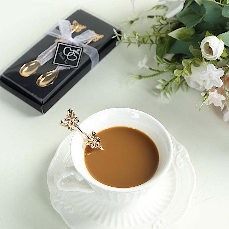 2 Gold Metal Butterfly Handle Coffee Spoons in Clear Top Black Gift Box