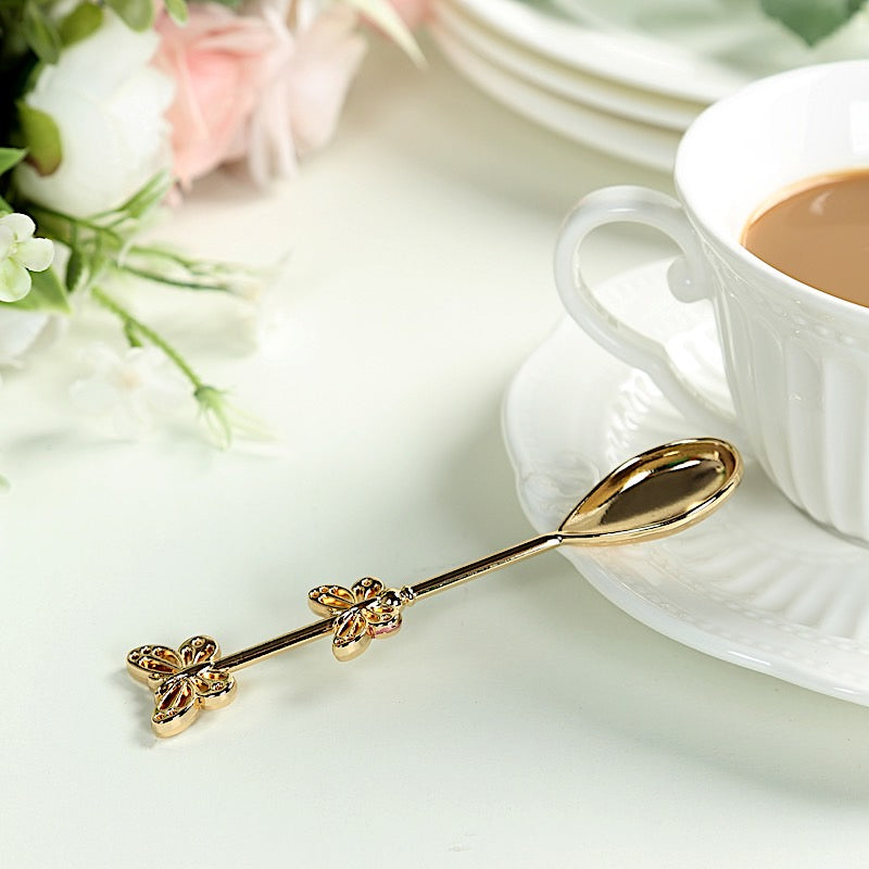 2 Gold Metal Butterfly Handle Coffee Spoons in Clear Top Black Gift Box