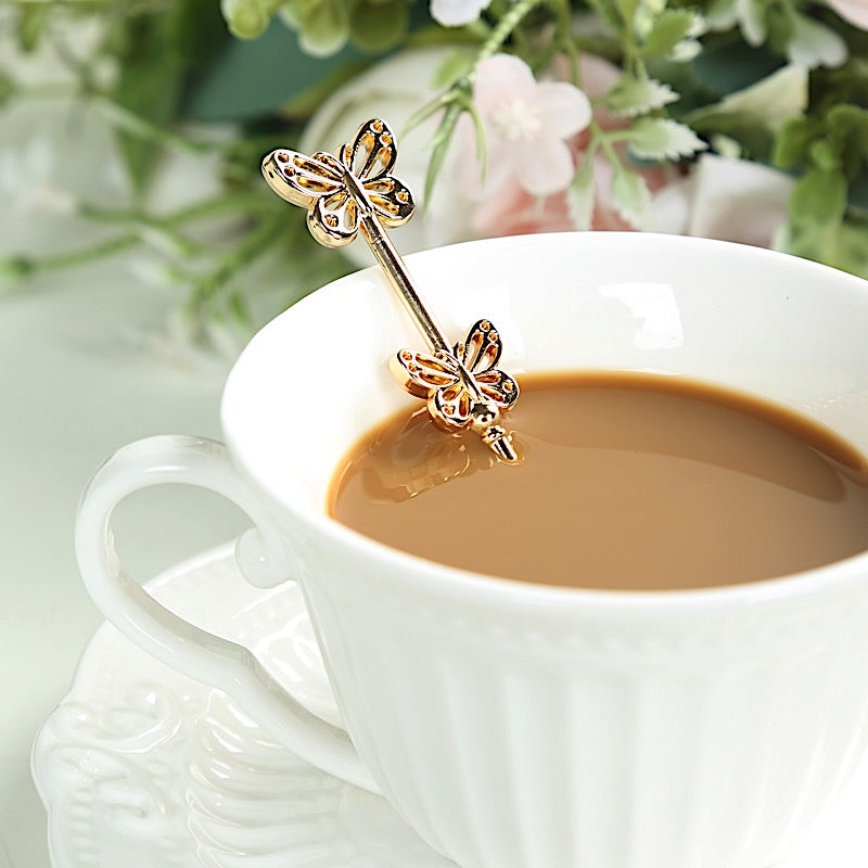 2 Gold Metal Butterfly Handle Coffee Spoons in Clear Top Black Gift Box