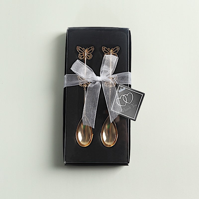 2 Gold Metal Butterfly Handle Coffee Spoons in Clear Top Black Gift Box