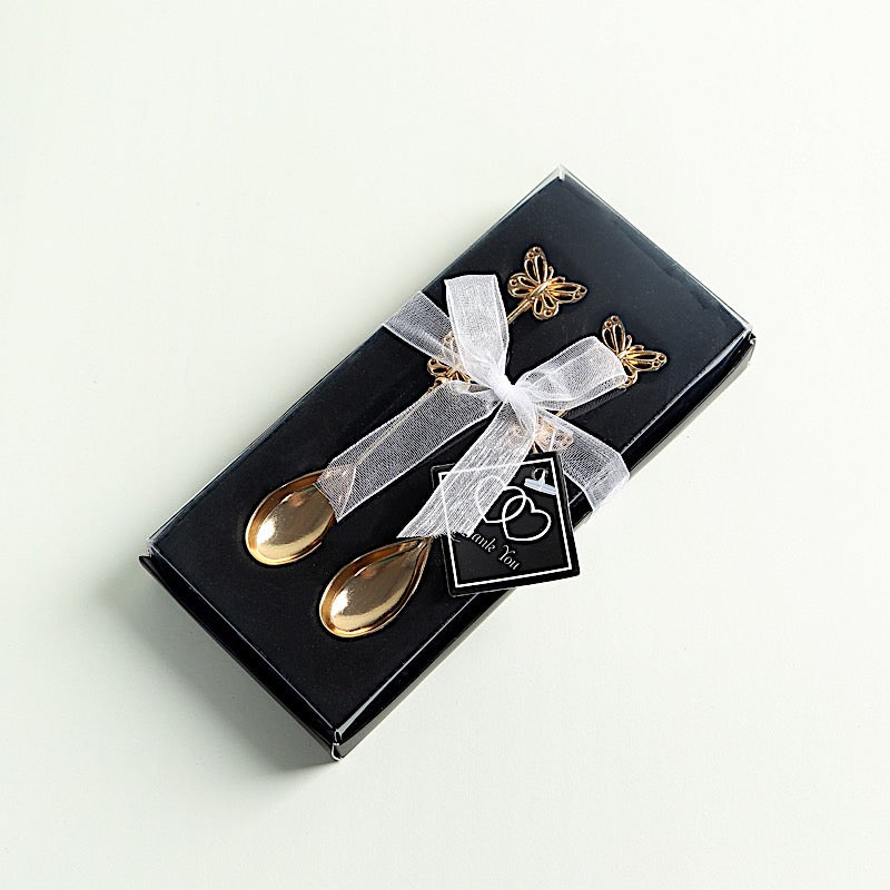 2 Gold Metal Butterfly Handle Coffee Spoons in Clear Top Black Gift Box