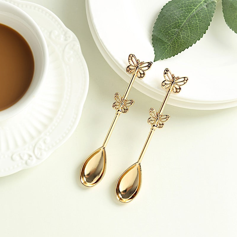 2 Gold Metal Butterfly Handle Coffee Spoons in Clear Top Black Gift Box