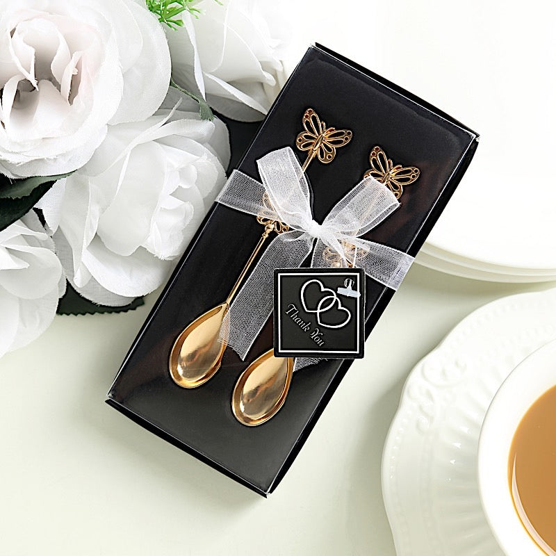 2 Gold Metal Butterfly Handle Coffee Spoons in Clear Top Black Gift Box