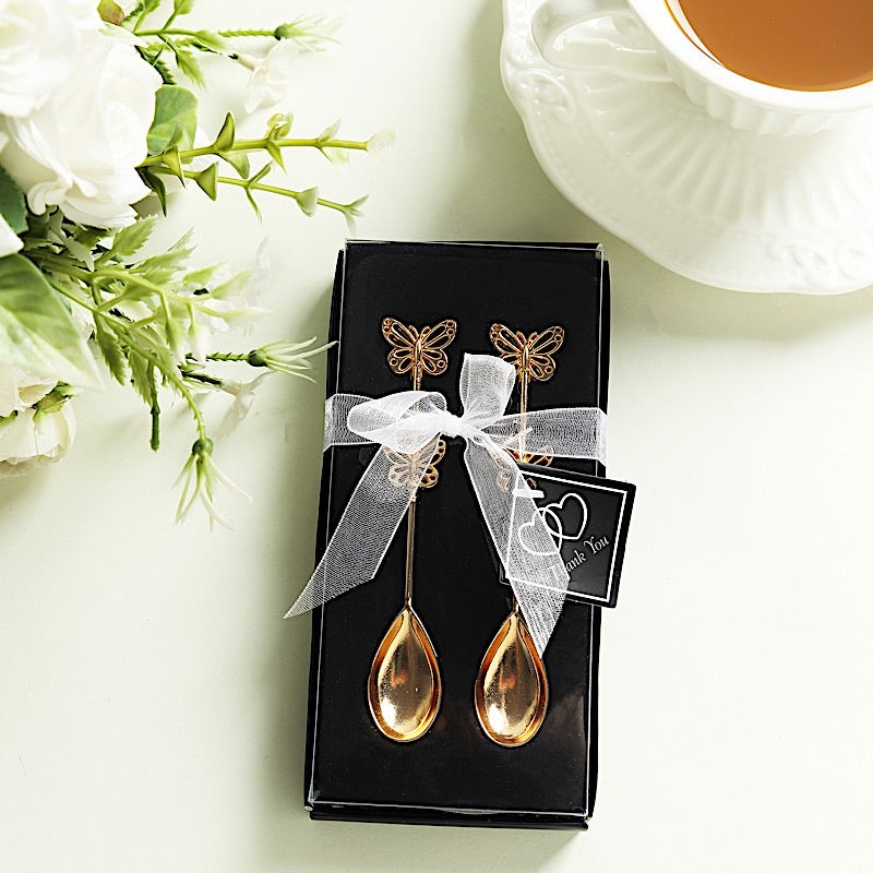 2 Gold Metal Butterfly Handle Coffee Spoons in Clear Top Black Gift Box