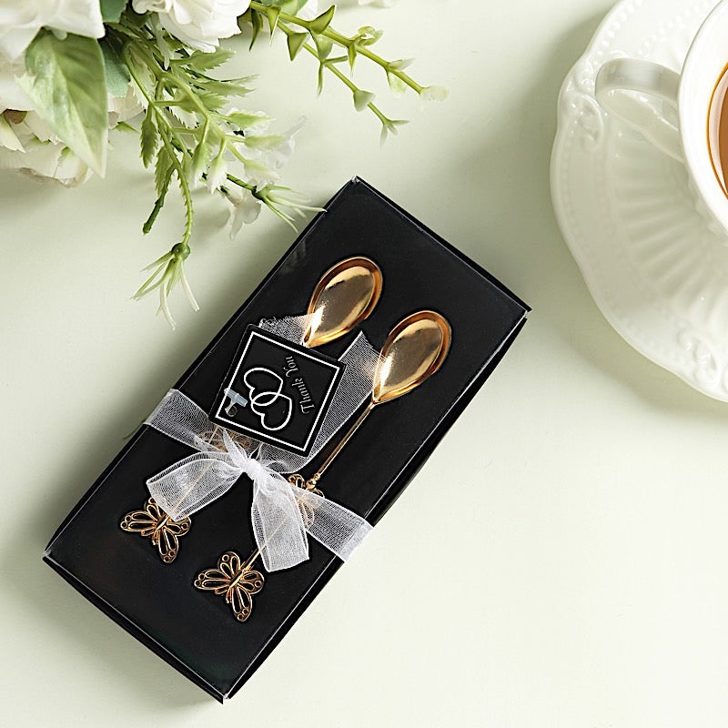 2 Gold Metal Butterfly Handle Coffee Spoons in Clear Top Black Gift Box