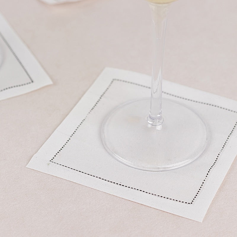 50 White Disposable Cotton Cocktail Napkins with Black Hemstitched Border