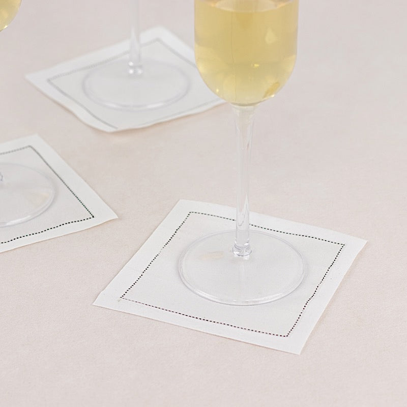 50 White Disposable Cotton Cocktail Napkins with Black Hemstitched Border