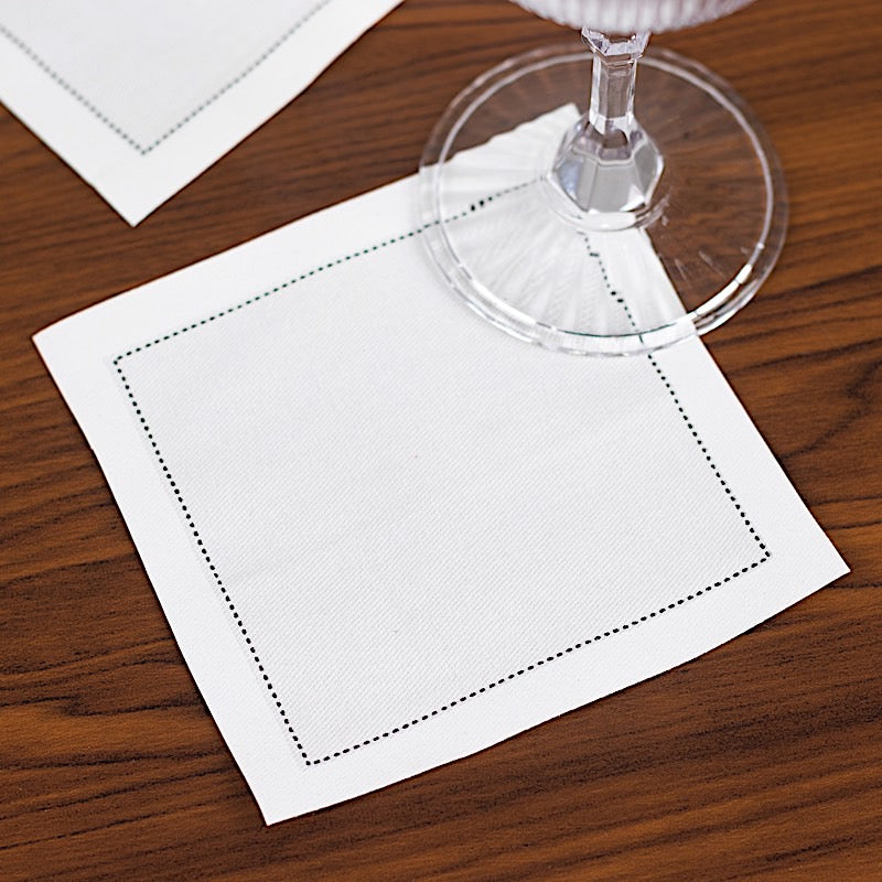 50 White Disposable Cotton Cocktail Napkins with Black Hemstitched Border