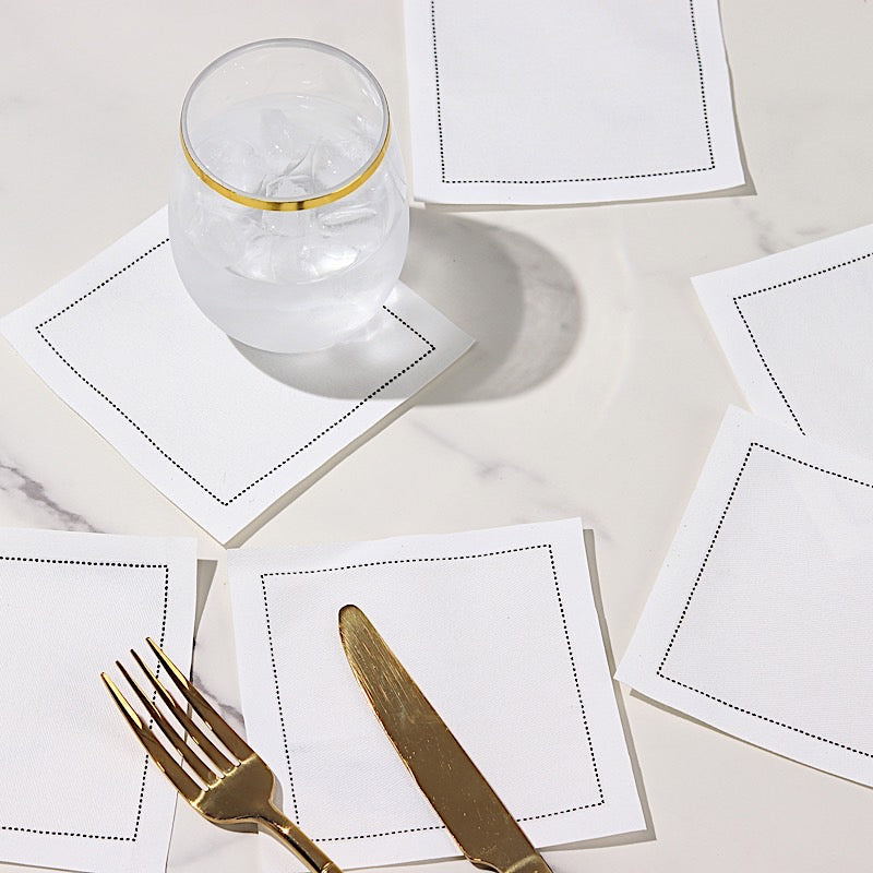 50 White Disposable Cotton Cocktail Napkins with Black Hemstitched Border