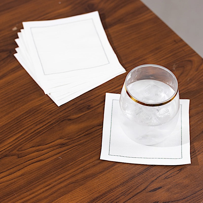 50 White Disposable Cotton Cocktail Napkins with Black Hemstitched Border