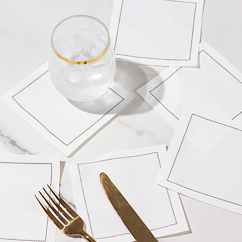 50 White Disposable Cotton Cocktail Napkins with Black Hemstitched Border