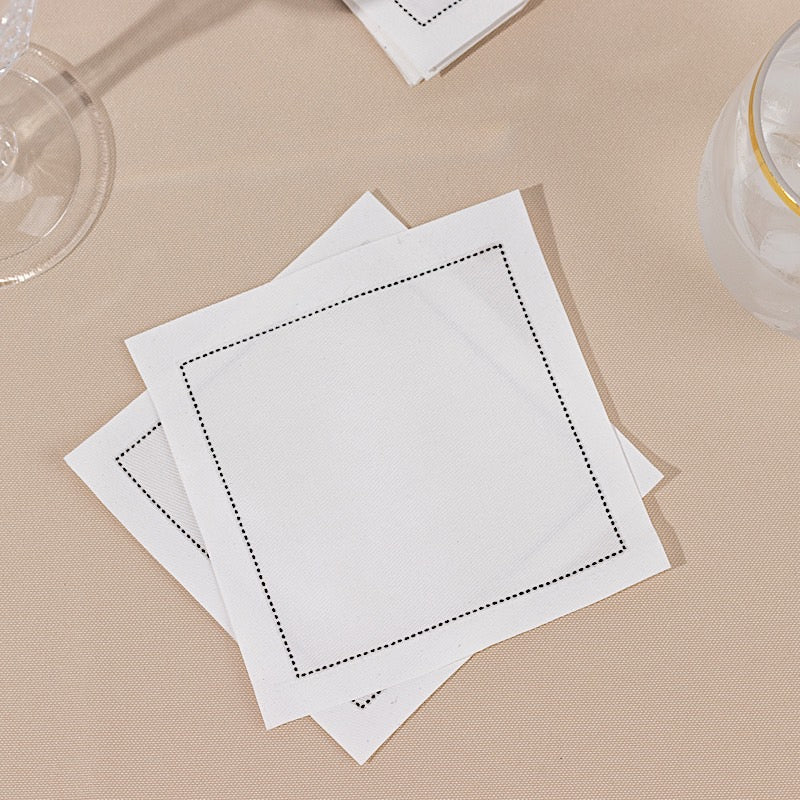 50 White Disposable Cotton Cocktail Napkins with Black Hemstitched Border