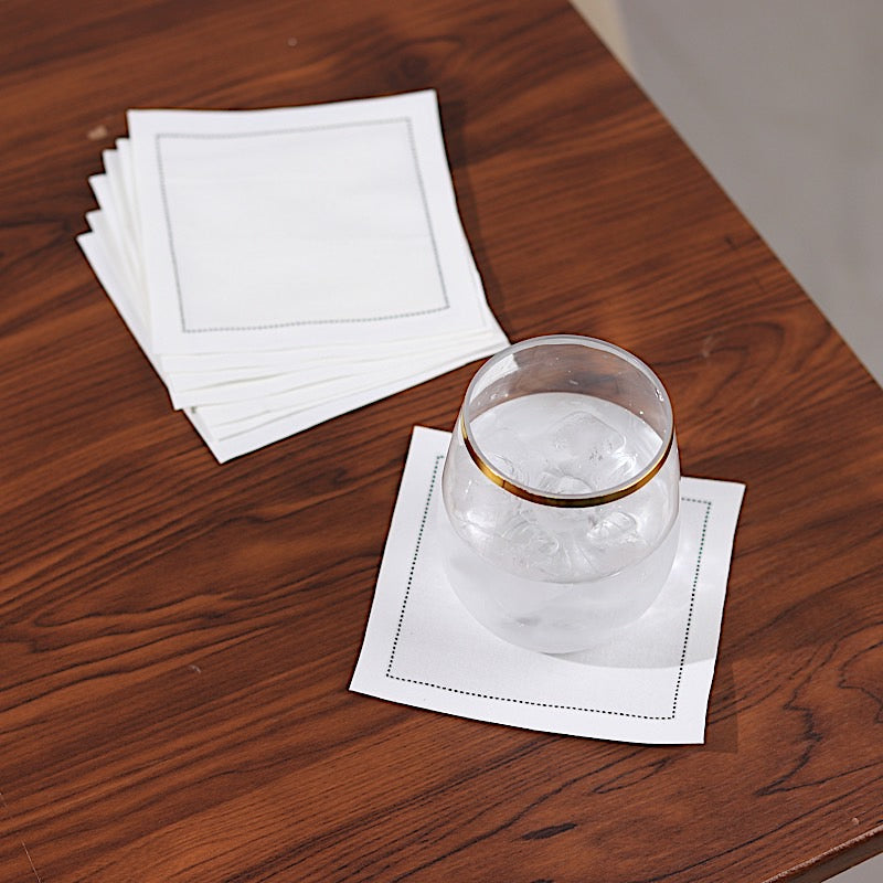 50 White Disposable Cotton Cocktail Napkins with Black Hemstitched Border