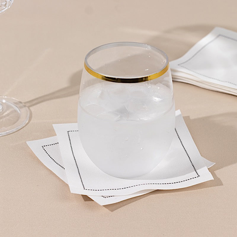 50 White Disposable Cotton Cocktail Napkins with Black Hemstitched Border