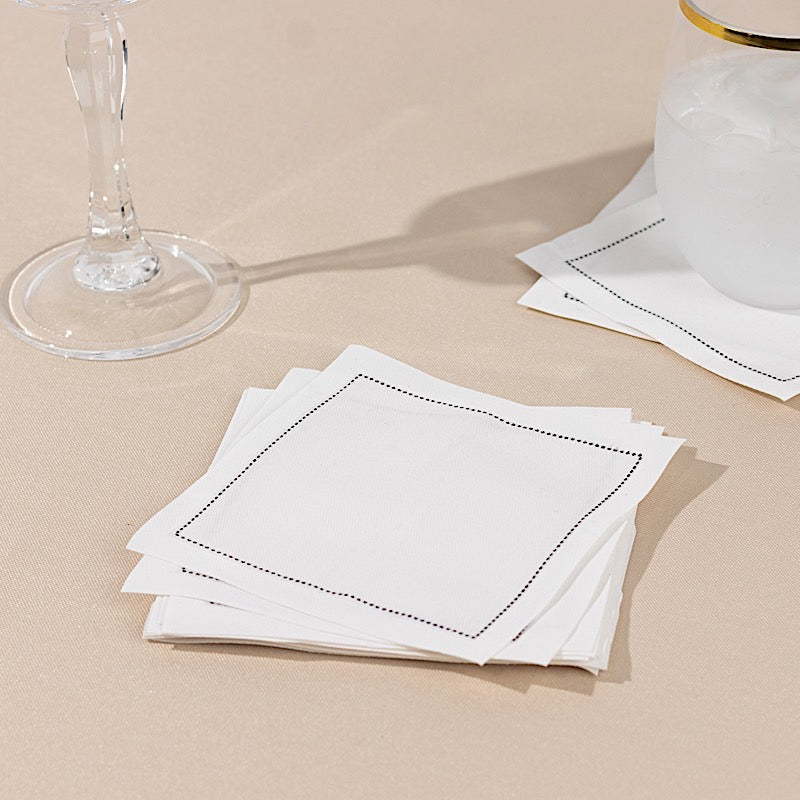 50 White Disposable Cotton Cocktail Napkins with Black Hemstitched Border