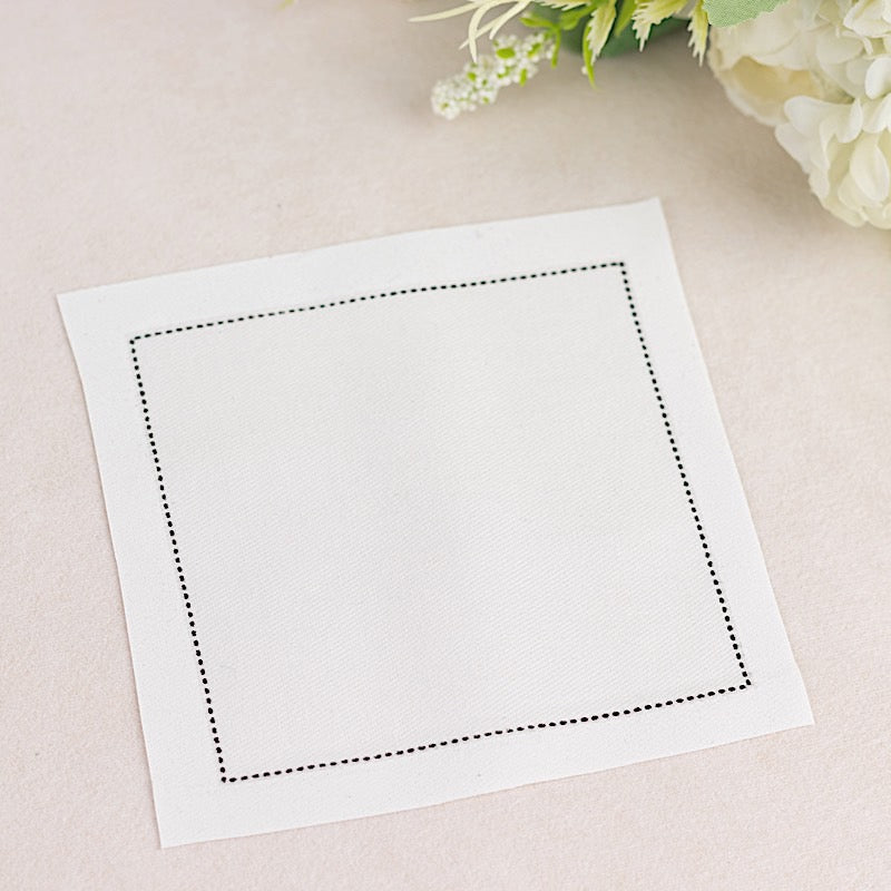 50 White Disposable Cotton Cocktail Napkins with Black Hemstitched Border