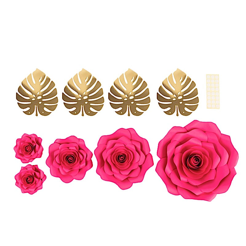 9 3D Rose Paper Flowers with Gold Monstera Leaves Hanging Wall Decor